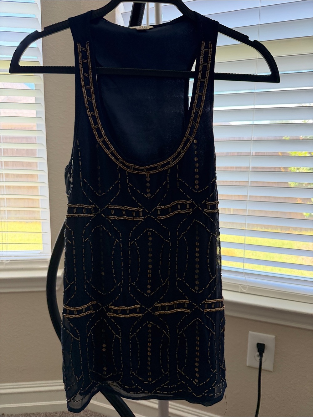 Fossil Blue tank top with Gold Beaded Detail